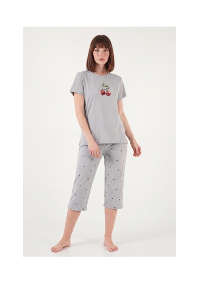 Lela Desenli Pamuklu Bisiklet Yaka Kaprili Pijama Takımı Bayan Pijama Takımı 65790787 Gri