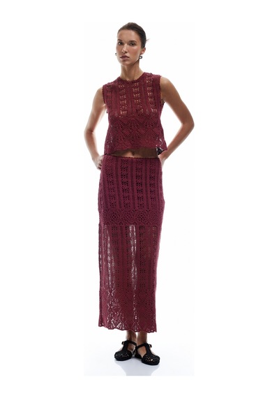 Koton Pamuklu Slim Fit Ajurlu Midi Boy Kroşe Etek Bordo 5sak10340ek Bordo