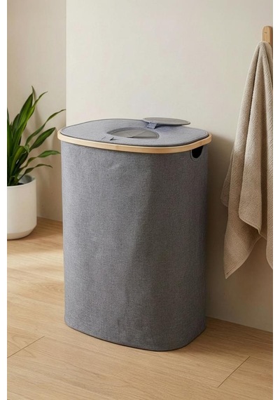 Digithome Bambu Kirli Çamaşır Sepeti Kapaklı Banyo Düzenleyici Sepet 37x23,5 Cm Kahverengi