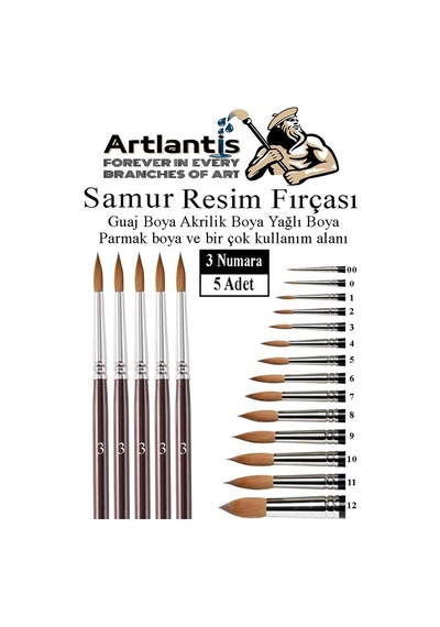 Resim Fırçası 3 Numara 5 Li 1 Paket Samur Yuvarlak Uçlu Fırça Seti Guaj Sulu Akrilik Yağlı Boya Fırçaları