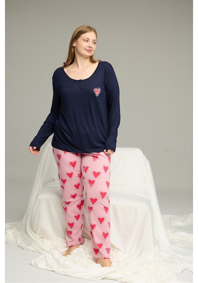 Siyah İnci Curve Büyük Beden Battal Boy Pamuklu Pijama Takım25240767 Lacivert