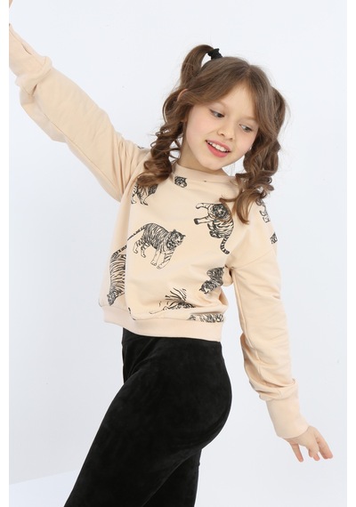 Toontoy Kız Çocuk Tiger Trend Baskılı Sweatshirt Bej