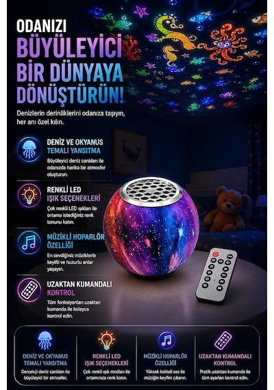 Deniz Ve Okyanus Temalı Projektör Gece Lambası, Müzikli Hoparlörlü Renkli Led Yansıtıcı, Uzaktan Kumandalı Dö Diğer