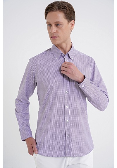 Slim Fit Yaka Düğmeli Baskılı Pamuklu Bordo Gömlek G 1606