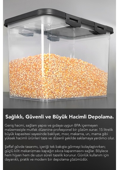 4'lü 15 Lt Kayar Kapaklı Bakliyat Saklama Kabı - Sürgülü Kilitli Kapak Şeker Un Kabı Erzak Kabı Gri Gri
