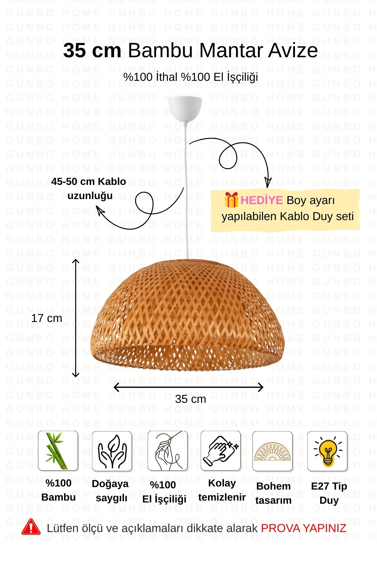 Bohem Bambu Boja Pendant Sarkıt Avize Lamba 35 Cm - Iskandinav, Modern, Bohem, Rattan Aydınlatma Bej
