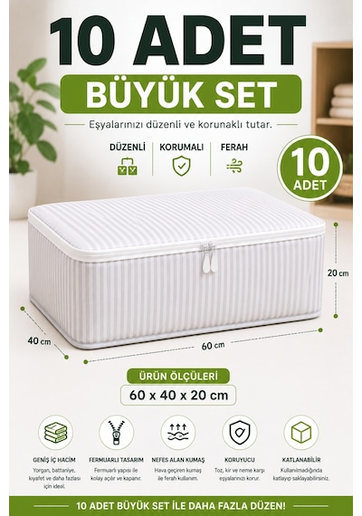 Saklama Hurcu 10'lu Büyük Set 60x40x20 Cm Baza Altı Hurç Fermuarlı Yorgan Battaniye Kıyafet Düzenleyici Çok Amaçlı Saklama Kutusu 10 Adet Krem