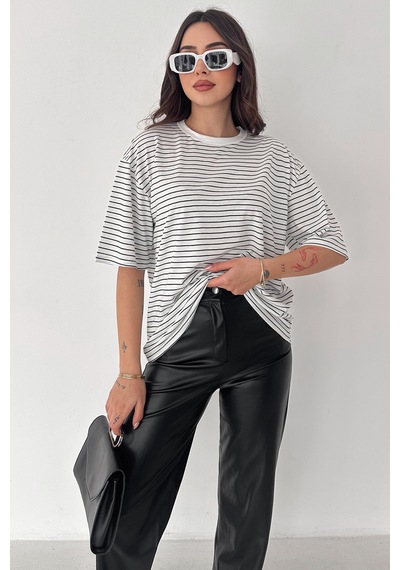 Noa & Noa Kadın Oversize Çizgili Tişört Monochrome Ease Beyaz