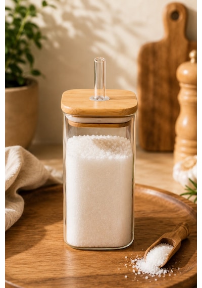 Porsima Cubes 2'li Bambu Kapaklı Borosilikat Cam Yağlık Ve Baharatlık Seti 290 Ml 6x10 Cm
