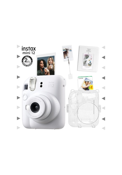 Fujifilm Instax Mini 12 Fotoğraf Makinesi + 20'li Film + Kıskaçlı Stand + Pvc Albüm + Simli Pleksi Kılıf Seti Beyaz