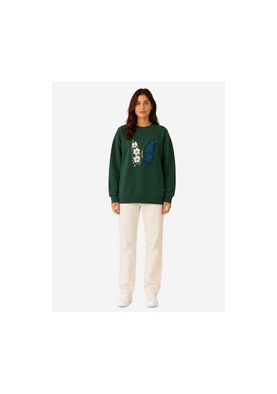 Herkesemoda Kelebekbaskı Detaylı Şardonlu 2 İplik Bisiklet Yaka Sweatshirt Yeşil