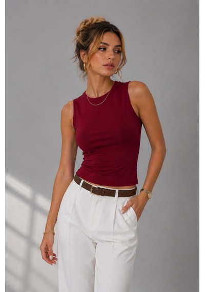 Wild Bee Kadın Bordo Pamuklu Bisiklet Yaka Vücudu Saran Sıfır Kollu Basic Bluz