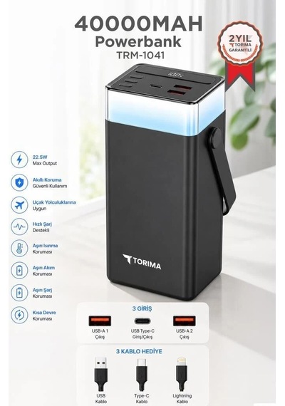 Premium Kulaklık Işıklı Tablet 40000 Mah Powerbank Trm-1041 Siyah 22,5w Çok Renkli
