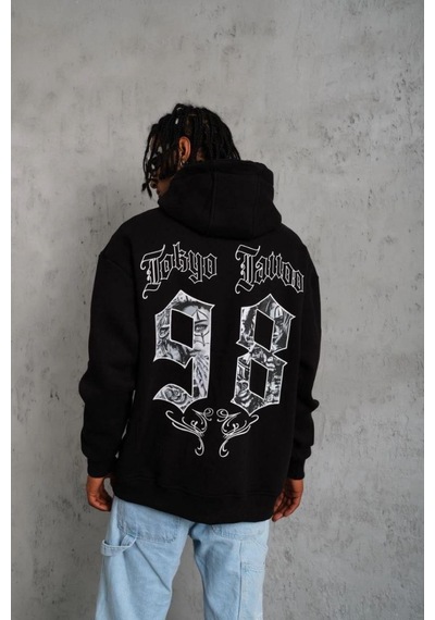 98 Baskılı Kapşonlu Sweat - Siyah -