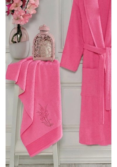 Eponj Home Bornoz - Nakışlı Havlu Seti Cora Fuşya L/xl+45x85cm Fuşya
