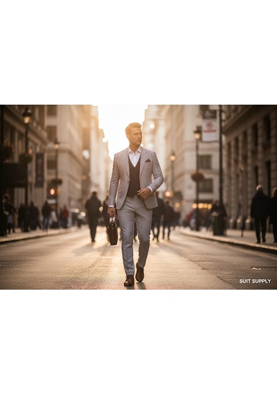 Erkek Çizgili Takım Elbise 3 Lü Set Ceket + Yelek + Pantolon Slim Fit İtalyan Tarz Gri