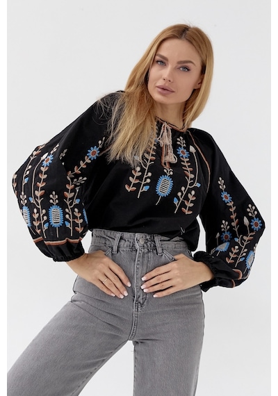 Femelle Kadın Siyah Püsküllü Vintage Nakışlı Pamuklu Bluz