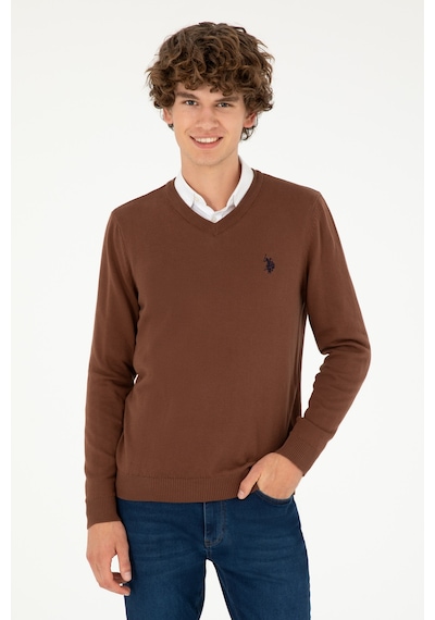 U.S. Polo Assn. Erkek Slim Fit V Yaka Kahverengi Basic Kazak 50293512-VR158