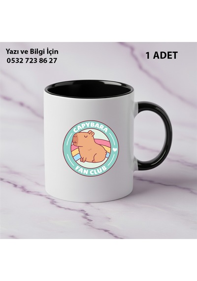 Capybara Kaliteli Porselen İsim Yazılabilir Premium Hediyelik Baskılı Kupa Bardak Doğum Günühediyesi Siyah
