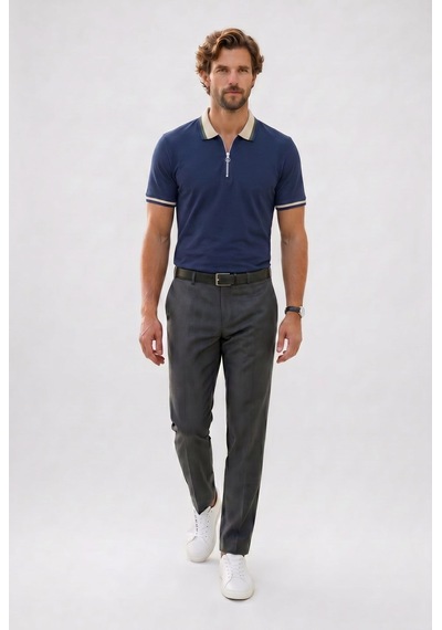 Tudors Erkek Slim Fit Dar Kesim %100 Pamuk Kısa Kollu Yarım Fermuarlı Lacivert Polo Yaka Tişört-50748