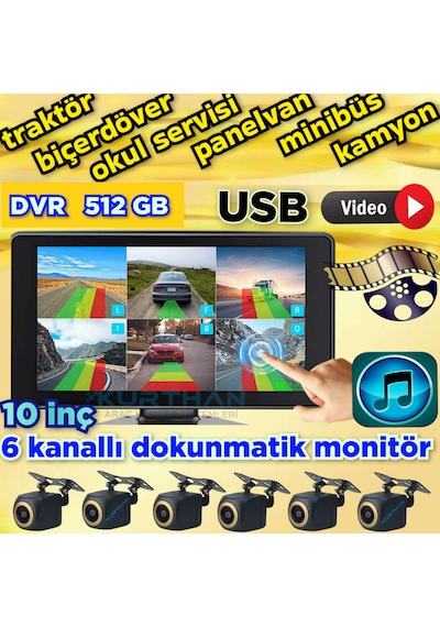 6 Ch 512 Gb 10 İnç Dokunmatik Usb Bsd Dvr Ekran 170'' Balık Gözü Ahd 720p Rca Kamera 12 Volt