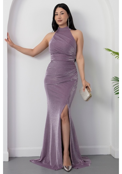 Kalopya Halter Yaka Yırtmaçlı Simli Elbise Drp0013 Lila