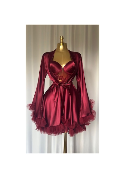 Mh Moony Homewears Kutuşu Feo Bordo Kol Detay Saten Gecelik Sabahlık Seti Olay Bordo