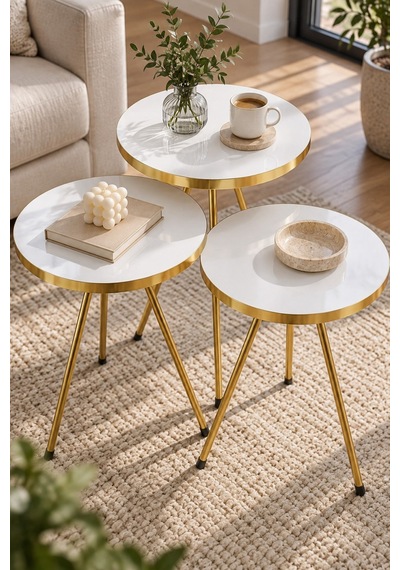 Sulorahome Gold Metal Ayaklı Beyaz 3'lü Zigon Sehpa Takımı Sehpalar Beyaz Ayakları Gold