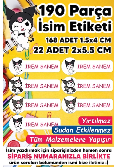 Okul Etiketi Kalem Defter Etiketi Kuromi Temalı Özel Isim Yazılabilen Etiket - 190 Adet
