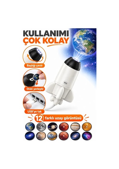 12 Film Diskli Roket Galaksi Projektörü Usb Tak Çalıştır Uzay Ve Gezegen Projeksiyon Gece Lambası