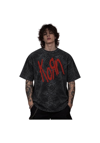 Korn Rock Metal Müzik Grubu Baskılı Unisex Oversize Eskitme Yıkam Siyah