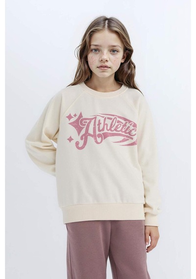 DeFacto Kız Çocuk Relax Fit Bisiklet Yaka Baskılı Sweatshirt D6988A824WNER99 Ekru