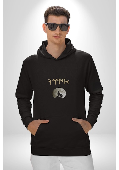 Türk Kurt Beyaz Ay Kadın Erkek Siyah Kapüşonlu Sweatshirt Hoodie Siyah