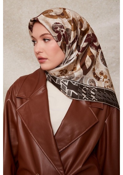 Levidor Desenli Twill İpek Eşarp-0918 Kahve