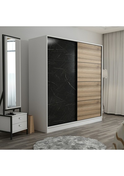 Minarmobilya Minar Kale 2 Kap. Sürgülü Dolap 180 Cm - Beyaz/Royal Mermer/Dore