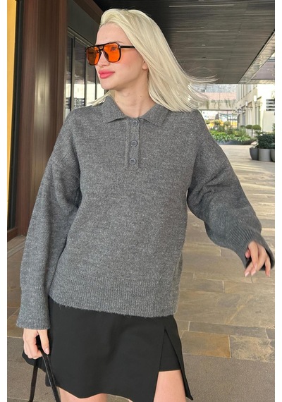 Madmext Antrasit Düğmeli Polo Yaka Kadın Kazak Mg2307 Antrasit