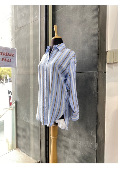 Pera Moda Oversize Çizgili Uzun Kadın Gömleği Mavi