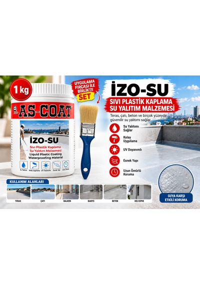 As-coat İzo-su Sıvı Plastik Su Yalıtım Malzemesi 1 Kg Uygulama Fırçalı Set