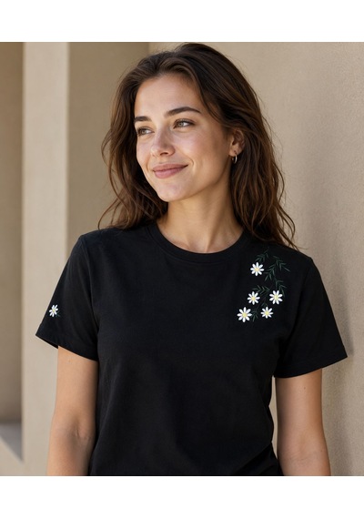 Yubistitch Tshirt Nakış İşlemeli Çiçek 6-Siyah S