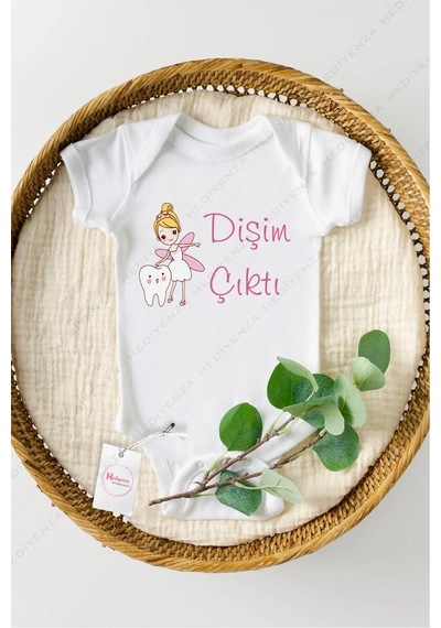 Hediyenza Dişim Çıktı Pembe Özel Tasarım Bebek Zıbın Pamuklu Çıtçıtlı Body Beyaz