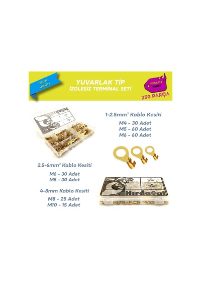 250 Parça Izolesiz Yuvarlak Tip Kablo Ucu Seti