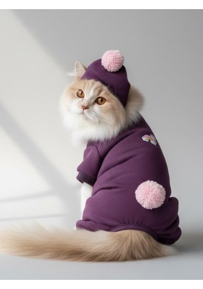Purple Ponpon Pony Kedi Tulumu & Bere Takımı Şardonlu Polar Kumaş Tüy Dökülmesini Mor 2XL