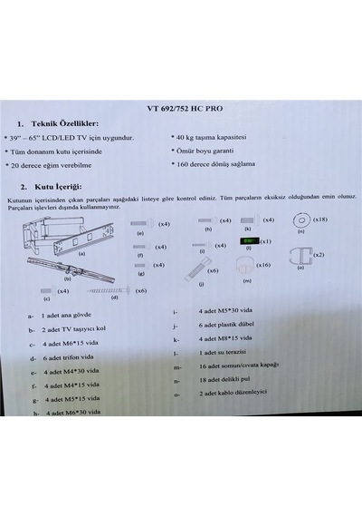 Vt-752 Hcpro 39-65 İnç Kilitli Hareketli Tv Askı Aparatı 18646