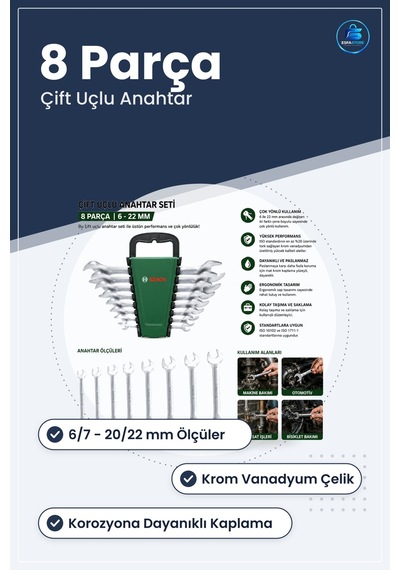 Açık Anahtar Seti 8 Parça Çift Uçlu İle /22 Mm Krom Vanadyum Kapl