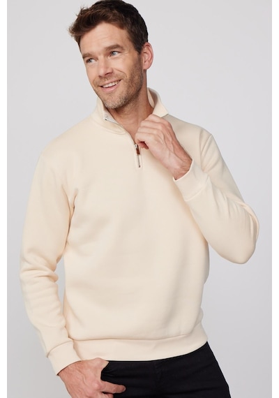 Tudors Pamuklu Dik Yaka Fermuarlı Ekru Unisex Sweatshirt-29414-ekru Ekru