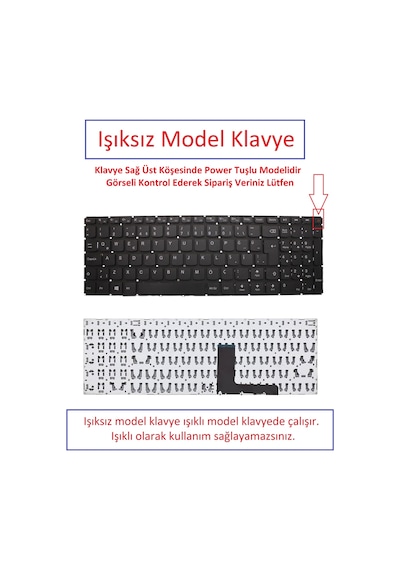 Işıksız, Uyumlu Notebook Klavye - Lenovo Ideapad 110-15ast - Sağ Üst Power Tuşlu