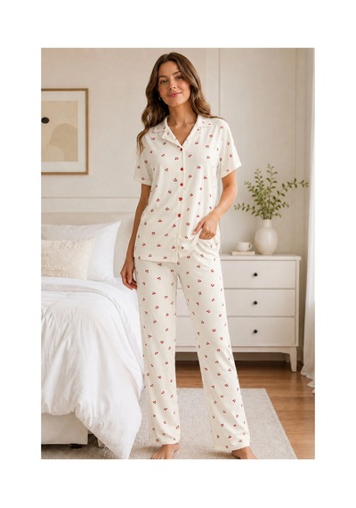 Angbutik Beyaz Kiraz Desenli Kısa Kollu Gömlek Yaka Milan Kumaş Kadın Pijama Takımı