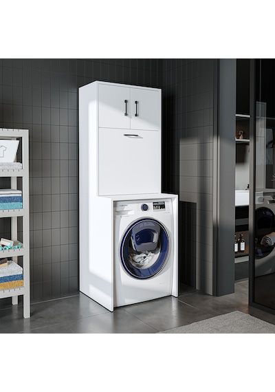 Çamaşır Sepetli Çamaşır Makinesi Dolabı, Banyo Dolabı Mat Beyaz