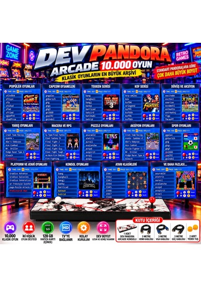 Schitec Dev Pandora Arcade 10.000 Oyun 4k Hd 2 Kişilik Büyük Boy Retro Oyun Konsolu
