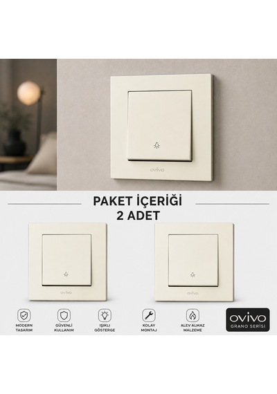 Ovivo Beyaz Light / Zil Anahtarı Çerçeve Dahil 2 Adet 1